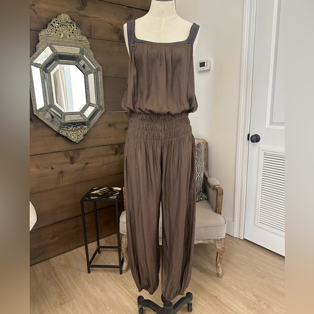 Silky brown smocked jumpsuit
